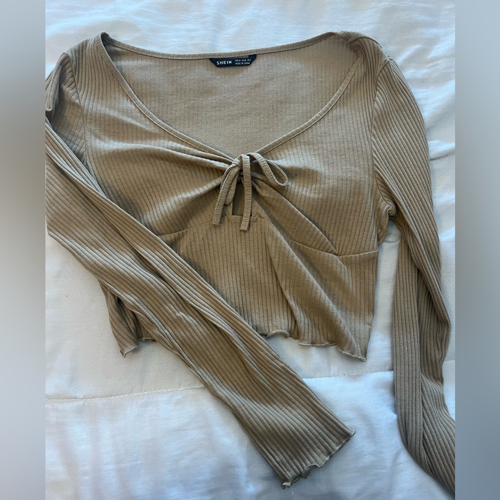 SHEIN Women's Beige Ribbed Blouse
